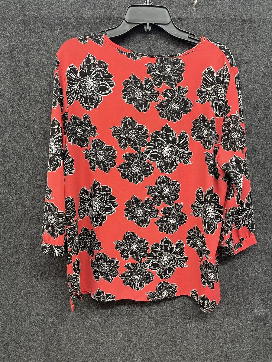 Laura Scott Women's Red Black Floral 3/4 Sleeve Keyhole Blouse Sz XL