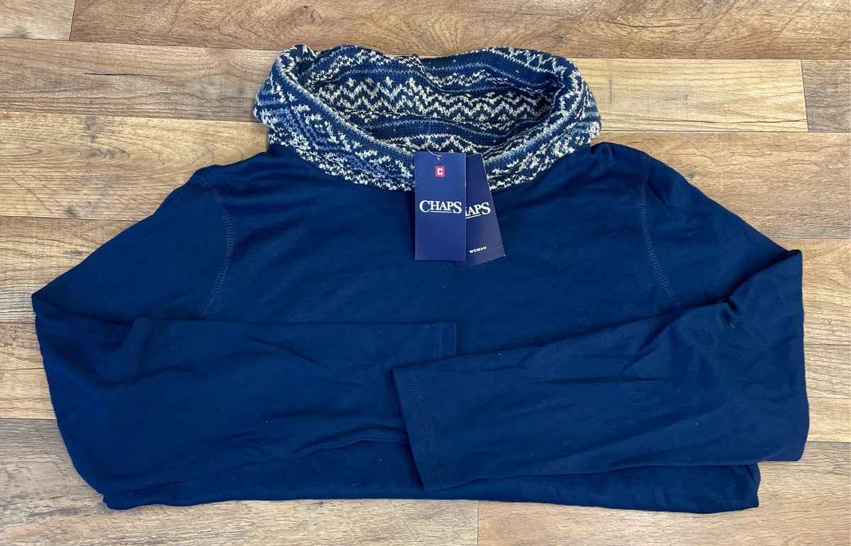 Chaps Women's Main Cabin Blue Knit Cowl Neck Pullover Kangaroo Pocket NWT 1X