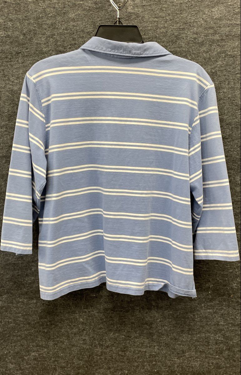 Vintage LL Bean Women's Blue White Striped 3/4 Sleeve Polo Shirt Top Sz L