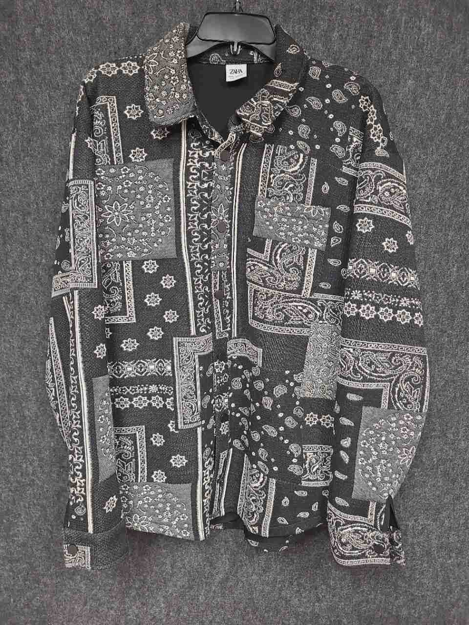 Zara Men's Patchwork Paisley Button Down Shirt Jacket Black White Size M