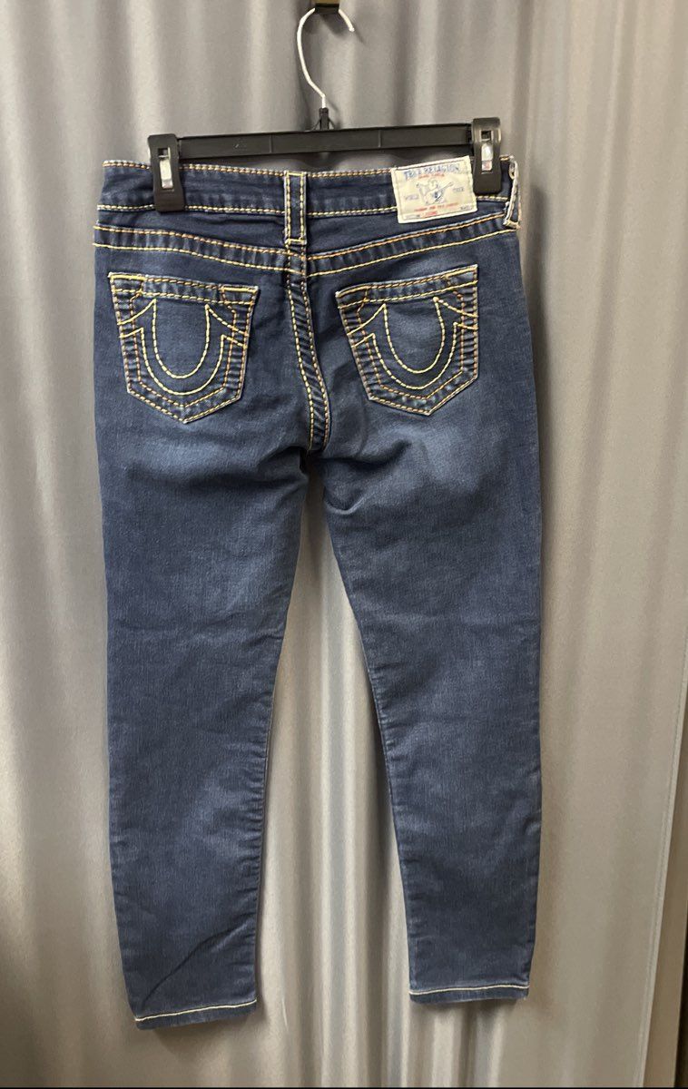 True Religion Women's Section Legging Blue Jeans Yellow Contrast Stitch Sz 28