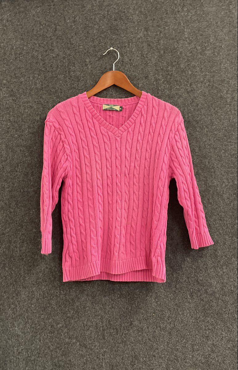 Vintage 90s 525 America Women's Pink Cable Knit V-Neck Cotton Sweater Sz XL