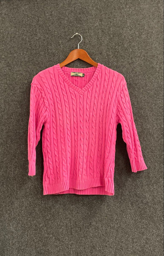 Vintage 90s 525 America Women's Pink Cable Knit V-Neck Cotton Sweater Sz XL