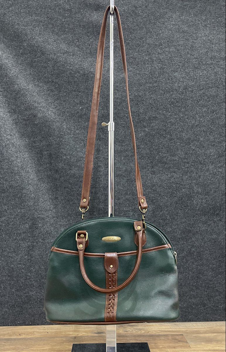 Vintage Liz Claiborne Green Brown Pebbled Leather Dome Satchel Shoulder Bag