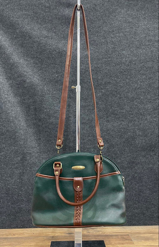 Vintage Liz Claiborne Green Brown Pebbled Leather Dome Satchel Shoulder Bag