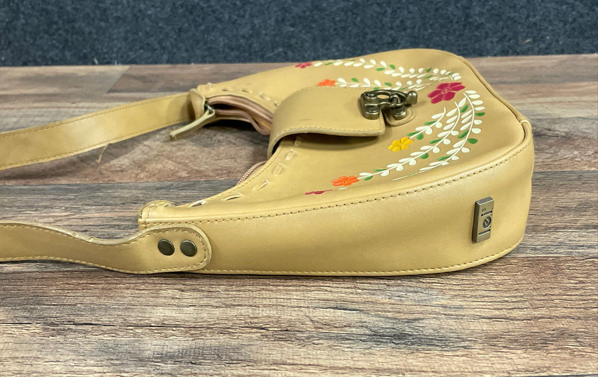 Vintage l.e.i. Tan Floral Embroidered Hobo Shoulder Bag Y2K Boho Brass Clasp