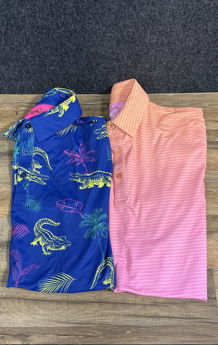 Birdie Bound Men's Golf Polos Lot of 2 Blue Alligator Pink Gradient Sz M