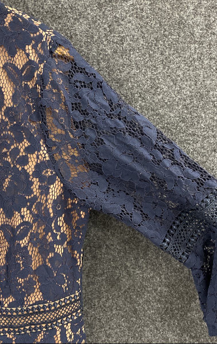 Missmay Women's Navy Blue Floral Lace Bell Sleeve Lattice Trim Dress NWT Sz 2XL
