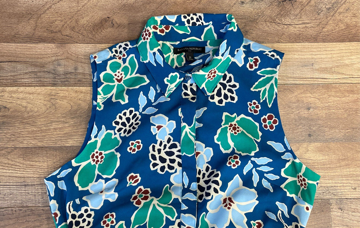 Banana Republic Women's Tie Waist Button Up Floral Sleeveless Shirt Dress Sz 10