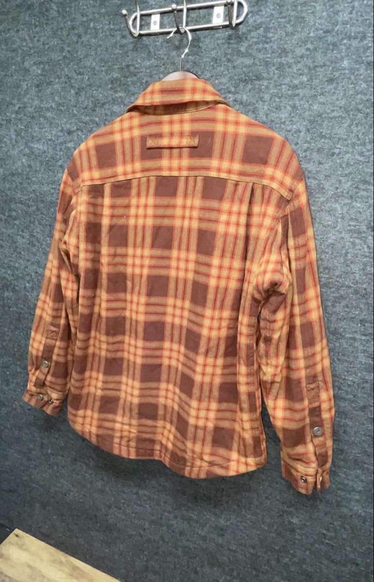 Duluth Trading Co. Men's Orange Plaid Fleece Lined Flannel Snap Shacket Jacket