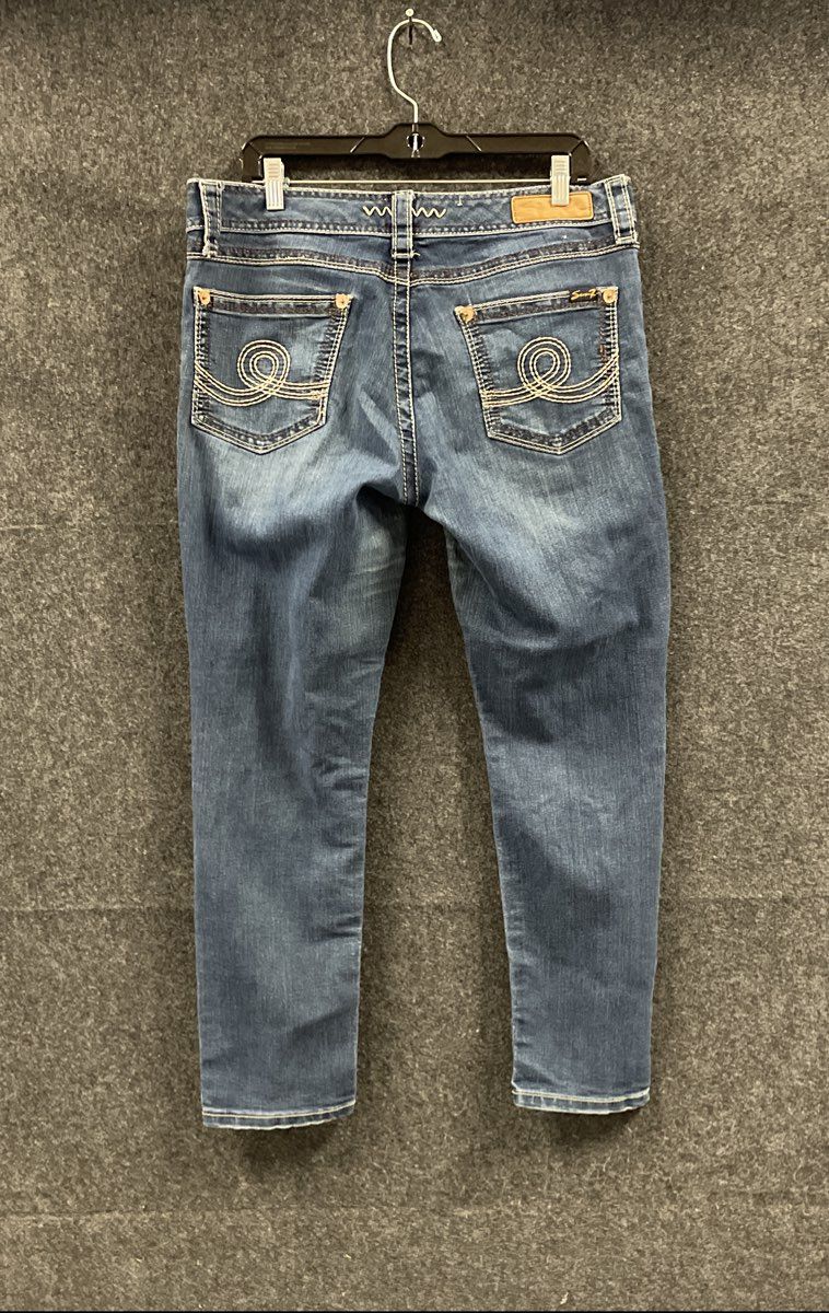 Seven7 Women's Blue Skinny Fit Jeans Whiskered Swirl Pocket Stitching Size 12