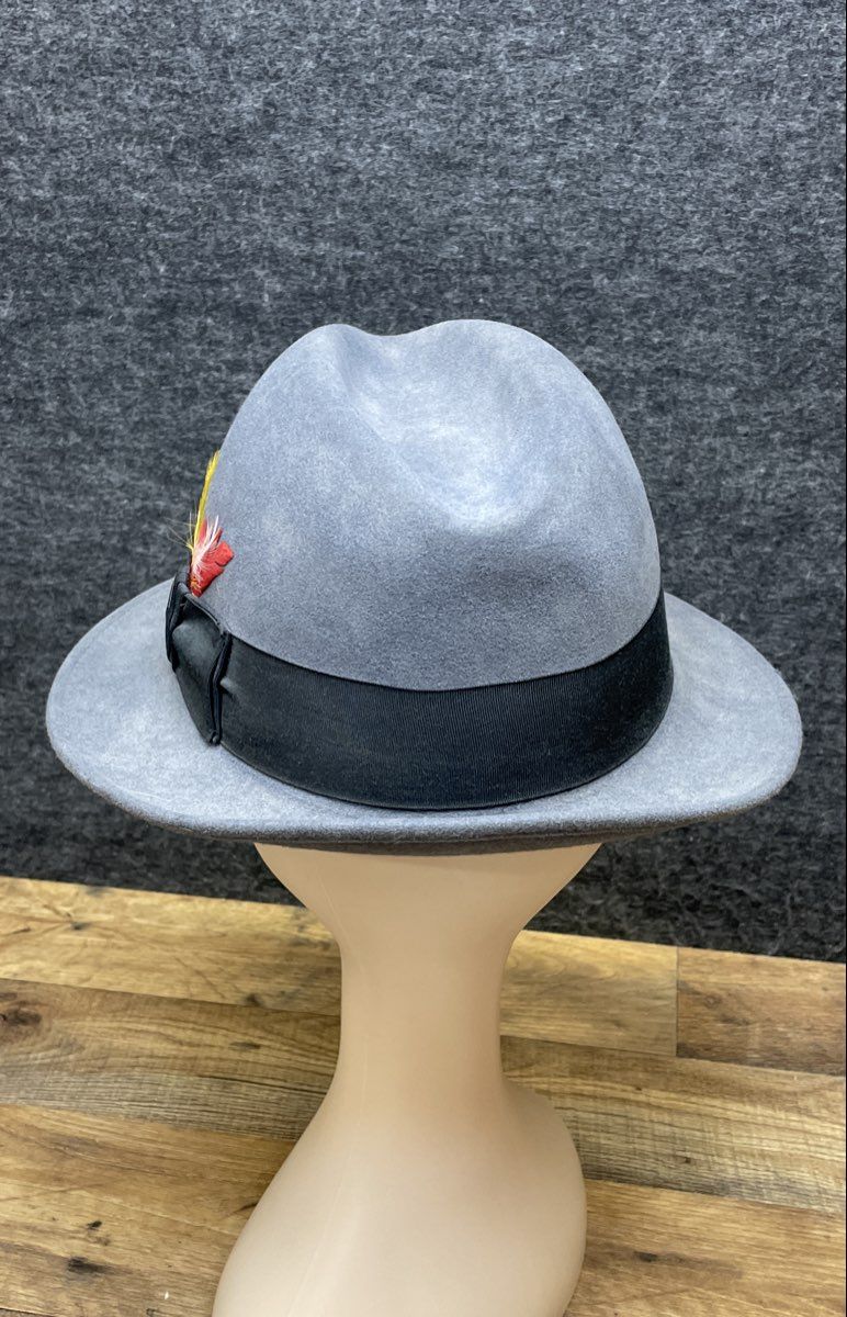 DelMonico Hatter Men's Gray Wool Felt Fedora Hat Feather Accent Sz 7 1/8