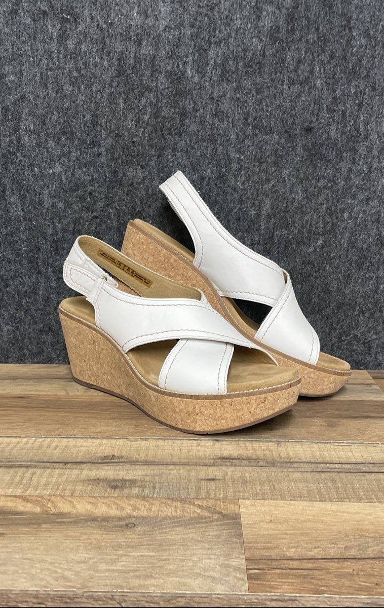 Clarks Aisley Tulip White Leather Cork Wedge Platform Sandals Women's Size 11