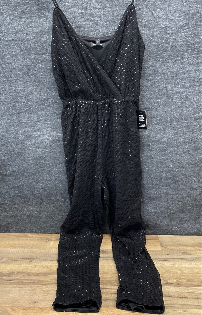 Express Women's Black Sequin Stripe V-Neck Surplice Dress Jumpsuit NWT Size XS