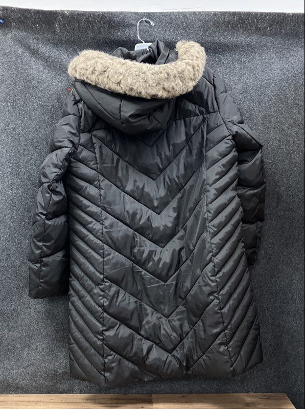 London Fog Women's Black Chevron Quilted Faux Fur Hood Puffer Coat Sz XL