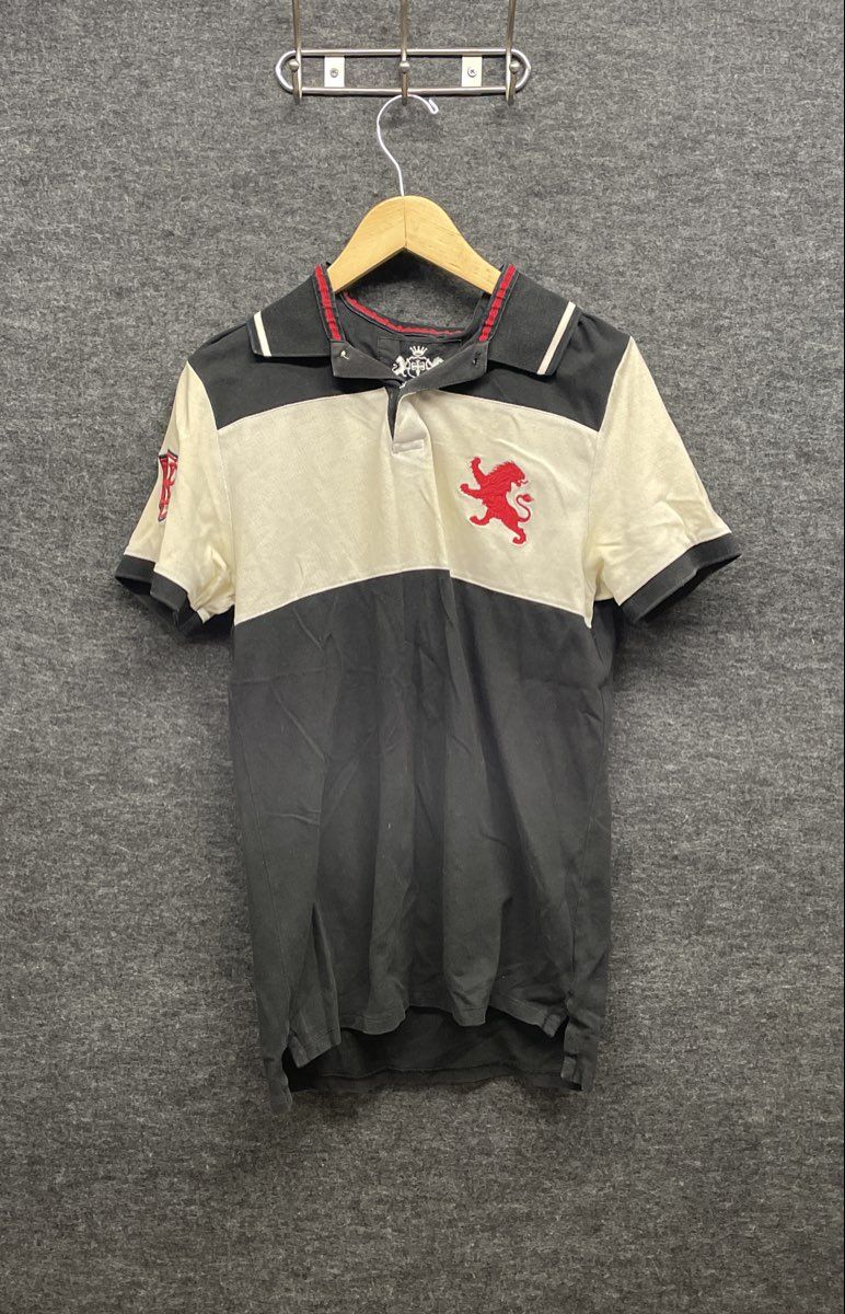 Express Men's Fitted Polo Shirt Black Cream Lion Crest Colorblock Cotton Sz M