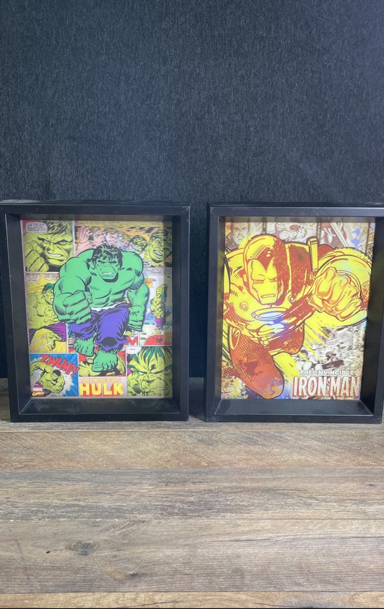 Marvel Comics Lot 2 Framed 3D Art Hulk Iron Man Comic Book Wall Decor 9x11