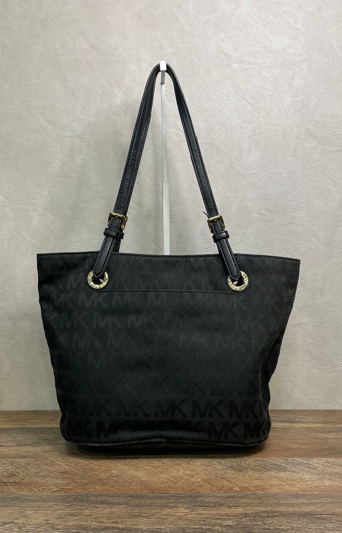 Michael Kors Black Monogram Canvas Tote Bag Gold Hardware Adjustable Straps