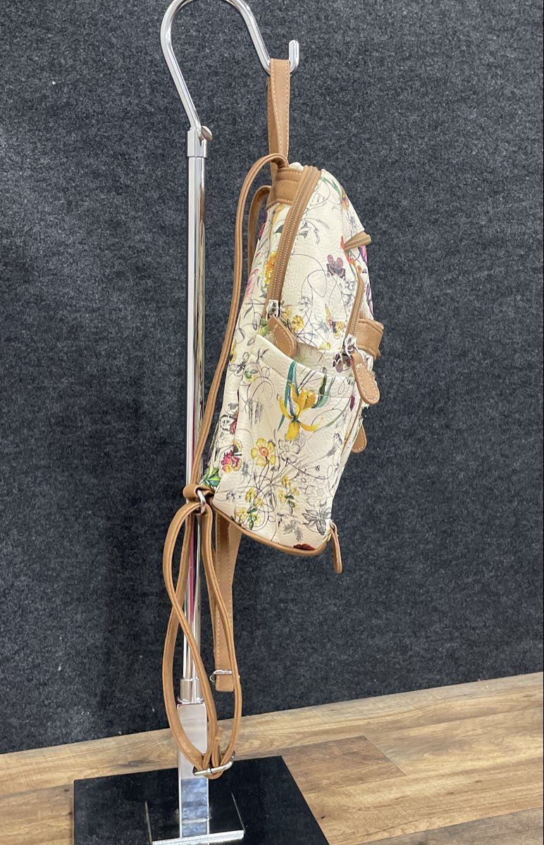 Multisac White Floral Butterfly Leather Mini Backpack Multi-Pocket Purse Bag