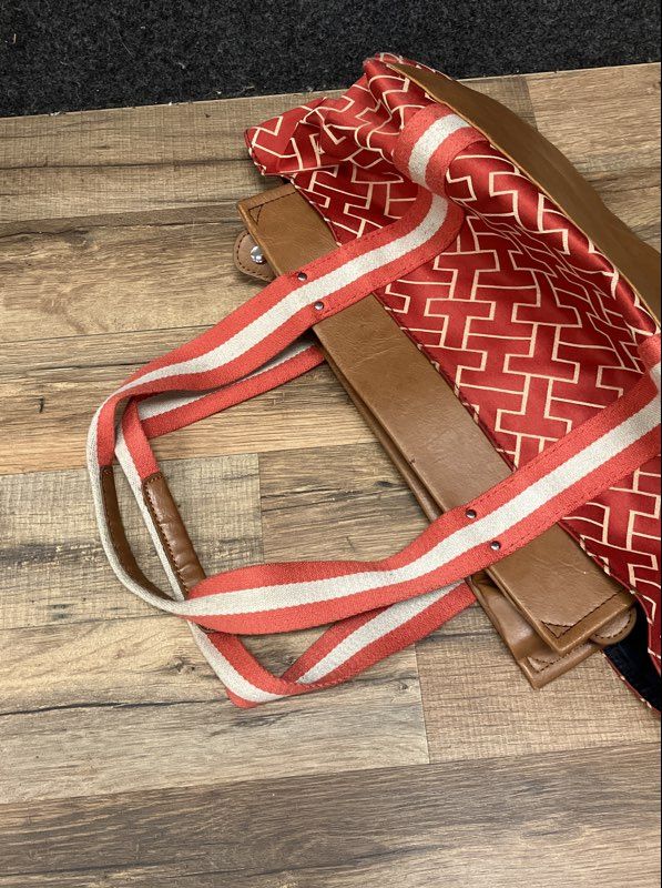 Tommy Hilfiger Red Monogram Jacquard Tote Bag Tan Trim Large Shoulder Bag