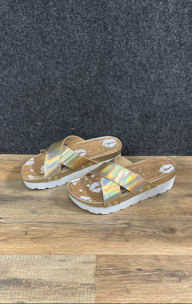 Juicy Couture Cassidy Iridescent Gold Platform Slide Sandals Women's Size 7.5