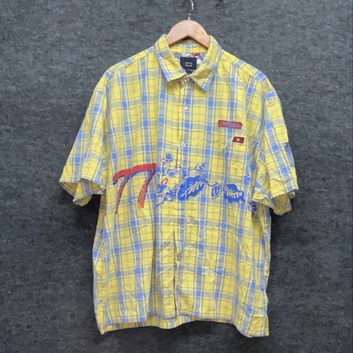 Vintage 90s Bugle Boy Men's Yellow Blue Plaid Graphic Button Down Shirt 2X