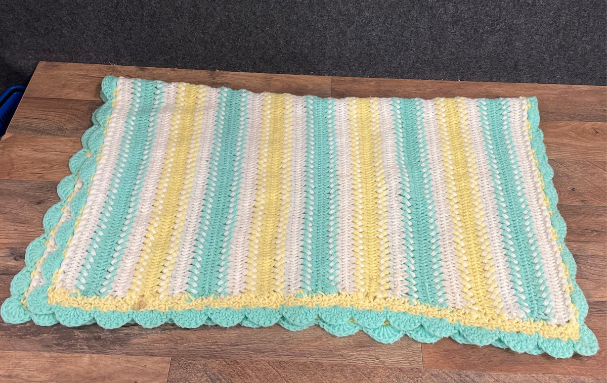 Vintage Mile a Minute Crochet Blanket Striped Pastel Scalloped Baby Afghan