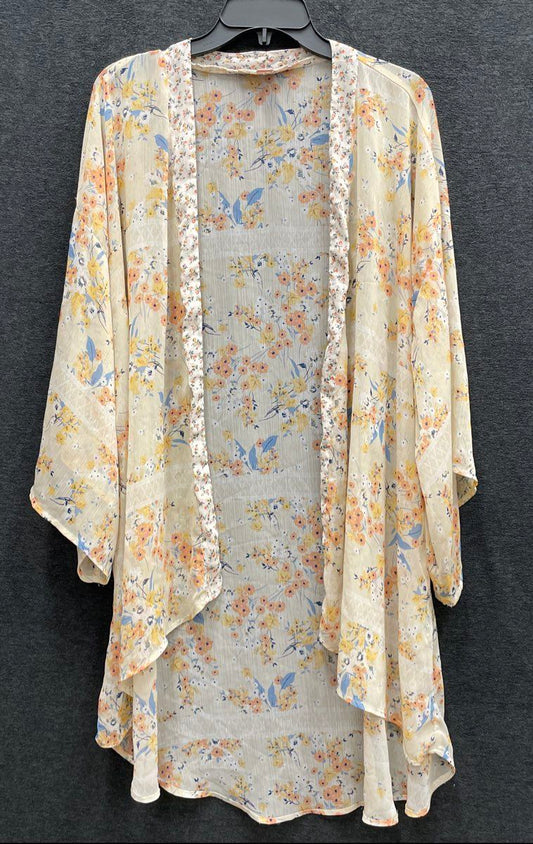 Band of Gypsies Women's Yellow Floral Sheer Open Front Kimono Cardigan