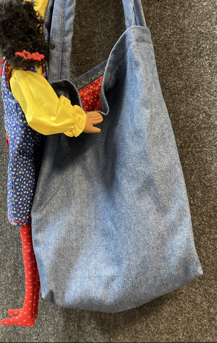 Denim Carry Bag with Integrated Cloth Doll Folk Art Handmade Style 19 Inch