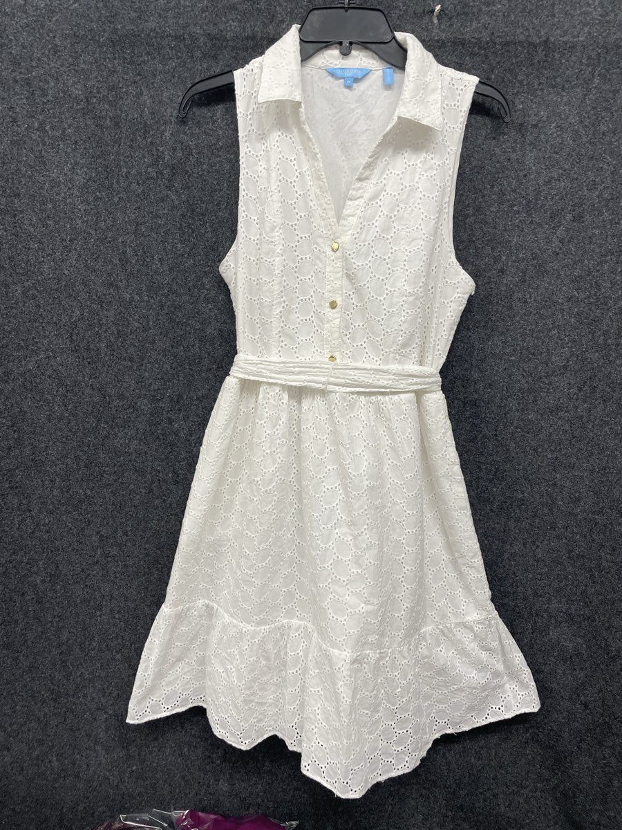 Draper James RSVP Women's White Eyelet Cotton Sleeveless Belted Mini Dress Sz M