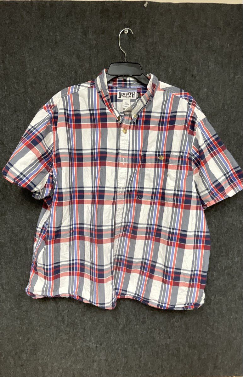 Duluth Trading Co Men's Red White Blue Plaid Short Sleeve Untucked Shirt Sz 2XL