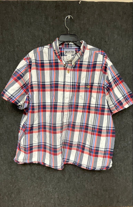 Duluth Trading Co Men's Red White Blue Plaid Short Sleeve Untucked Shirt Sz 2XL
