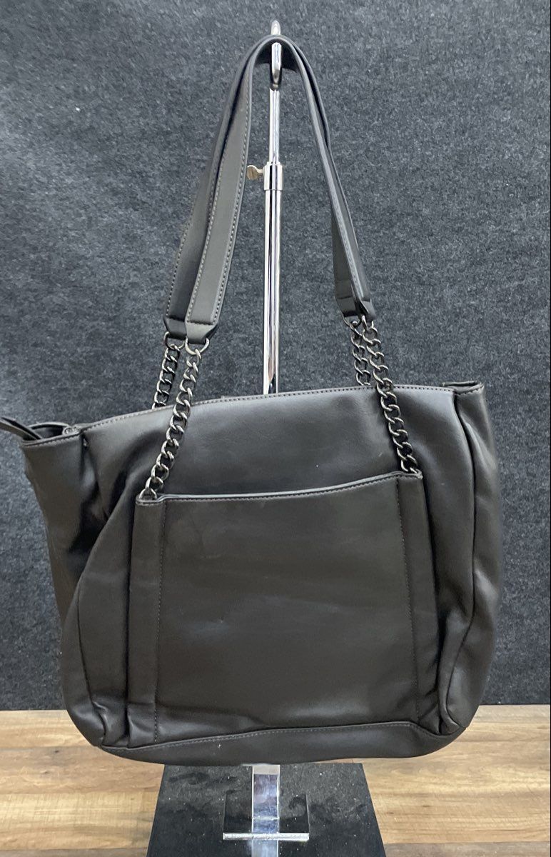Simply Vera Vera Wang Black Floral Faux Leather Tote Bag Chain Handles Large