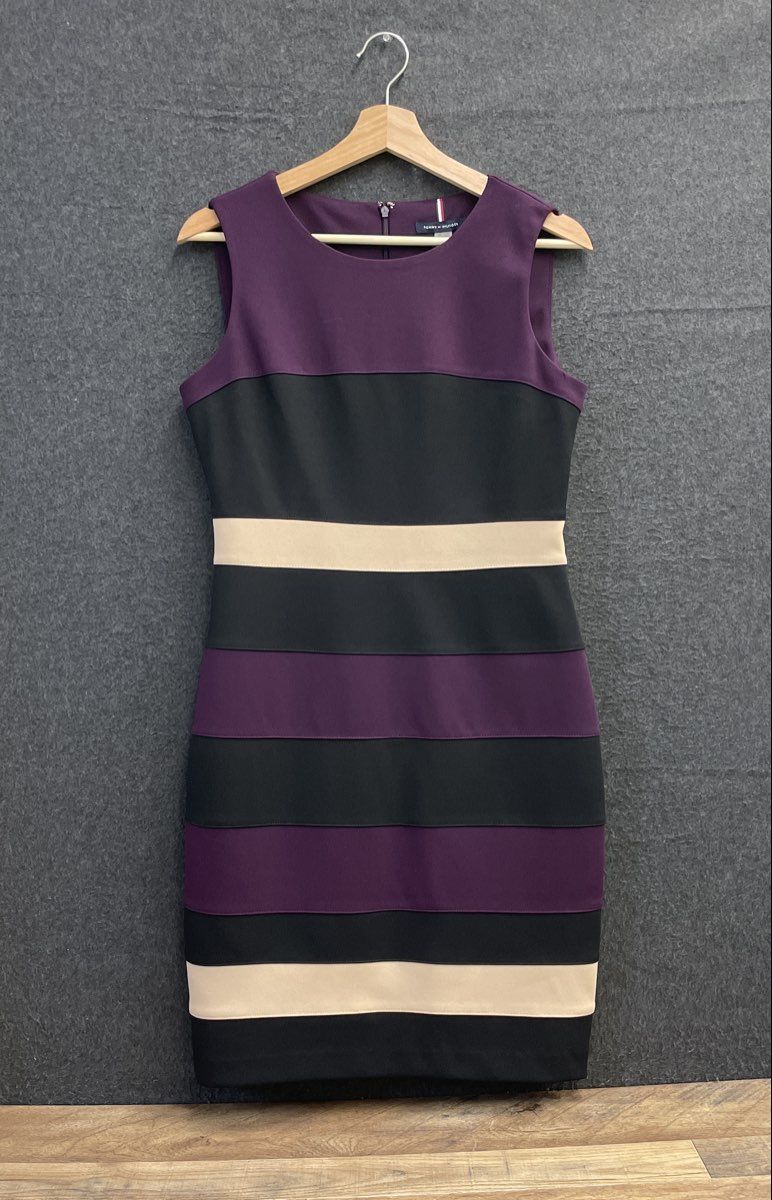 Tommy Hilfiger Women's Colorblock Sheath Dress Purple Black Beige Sz 6 NWT