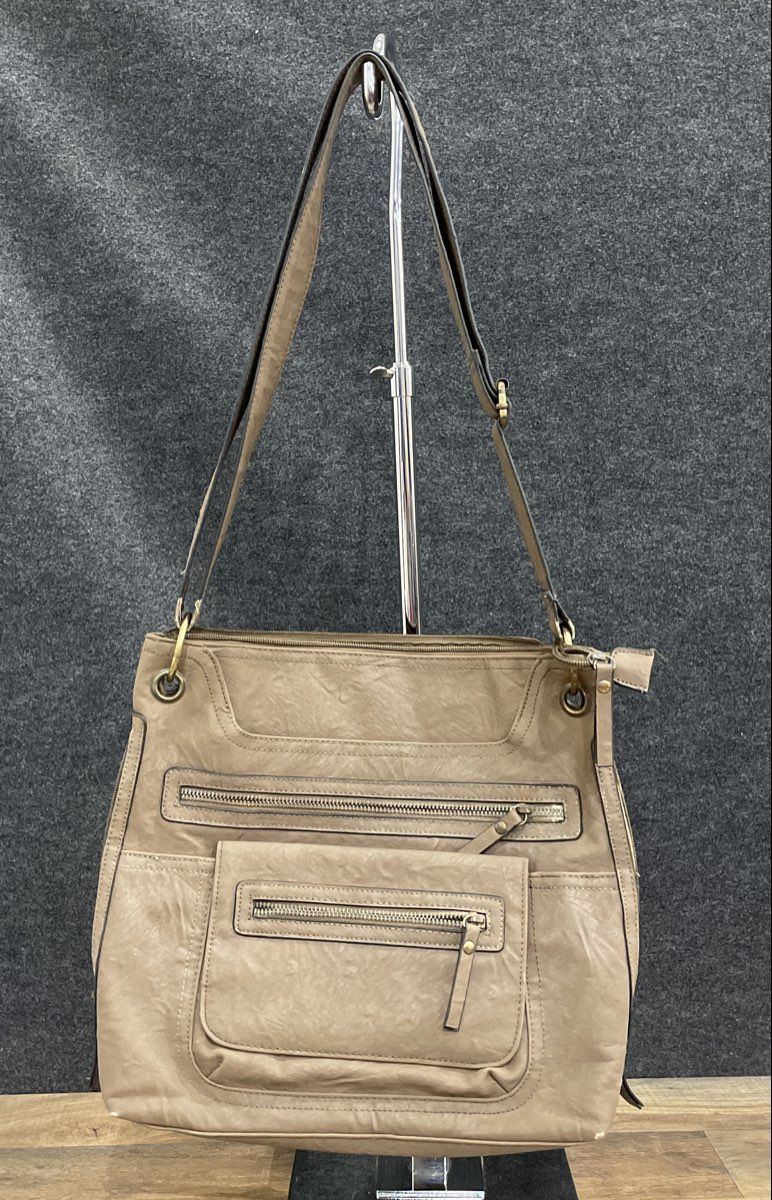 Bueno Brown Leather Multi-Pocket Crossbody Shoulder Bag Large