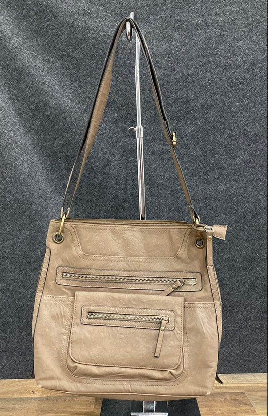 Bueno Brown Leather Multi-Pocket Crossbody Shoulder Bag Large