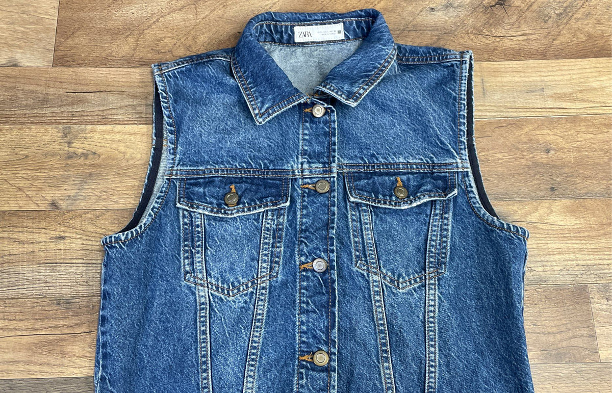 Zara Women's Blue Denim Sleeveless Front Slit Button Midi Shirt Dress Size L