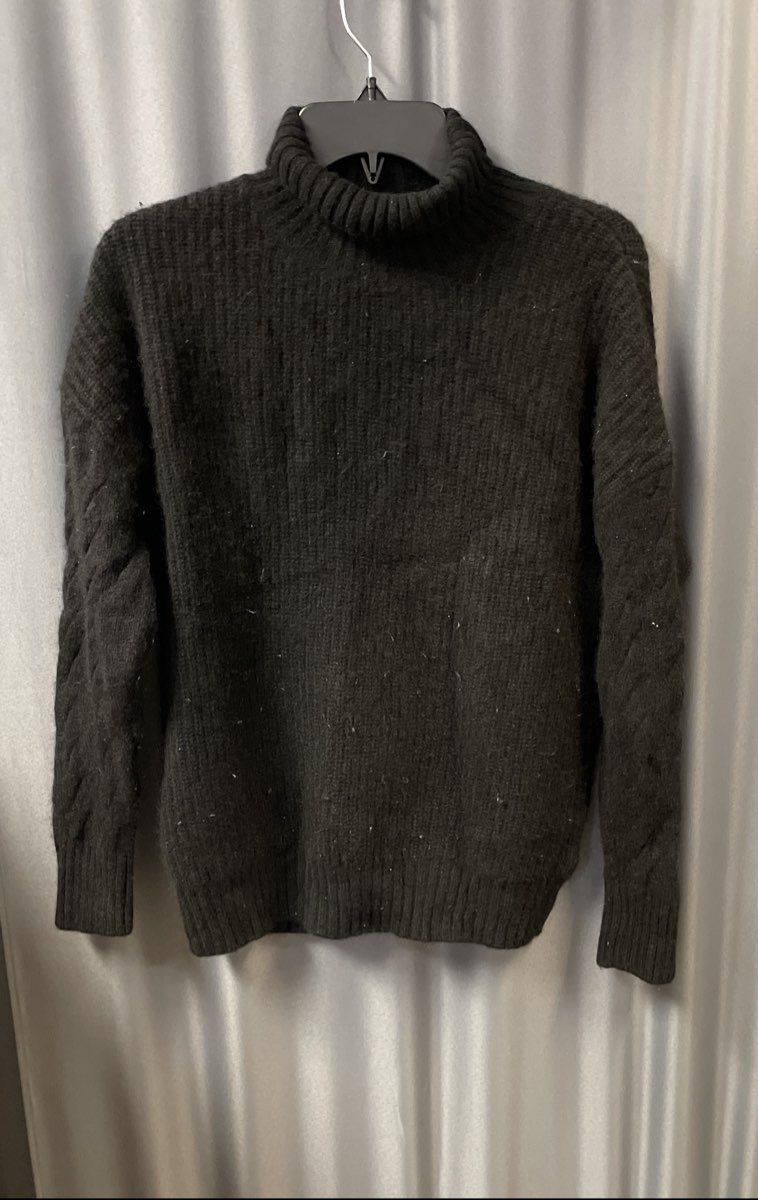 Gentle Herd Women's Black Ribbed Wool Cashmere Cable Turtleneck Sweater Sz S