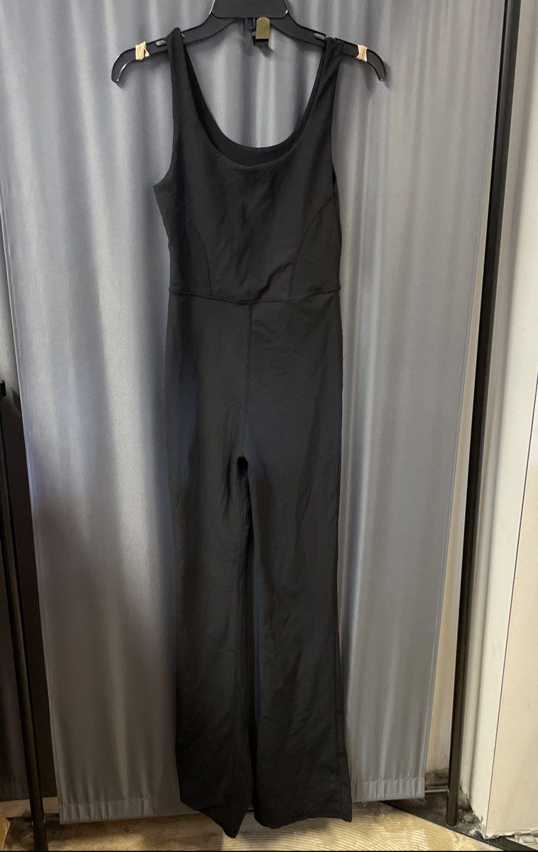 Wilo The Label Women's Black Ribbed Jumpsuit Unitard Wide Leg Sleeveless Sz M