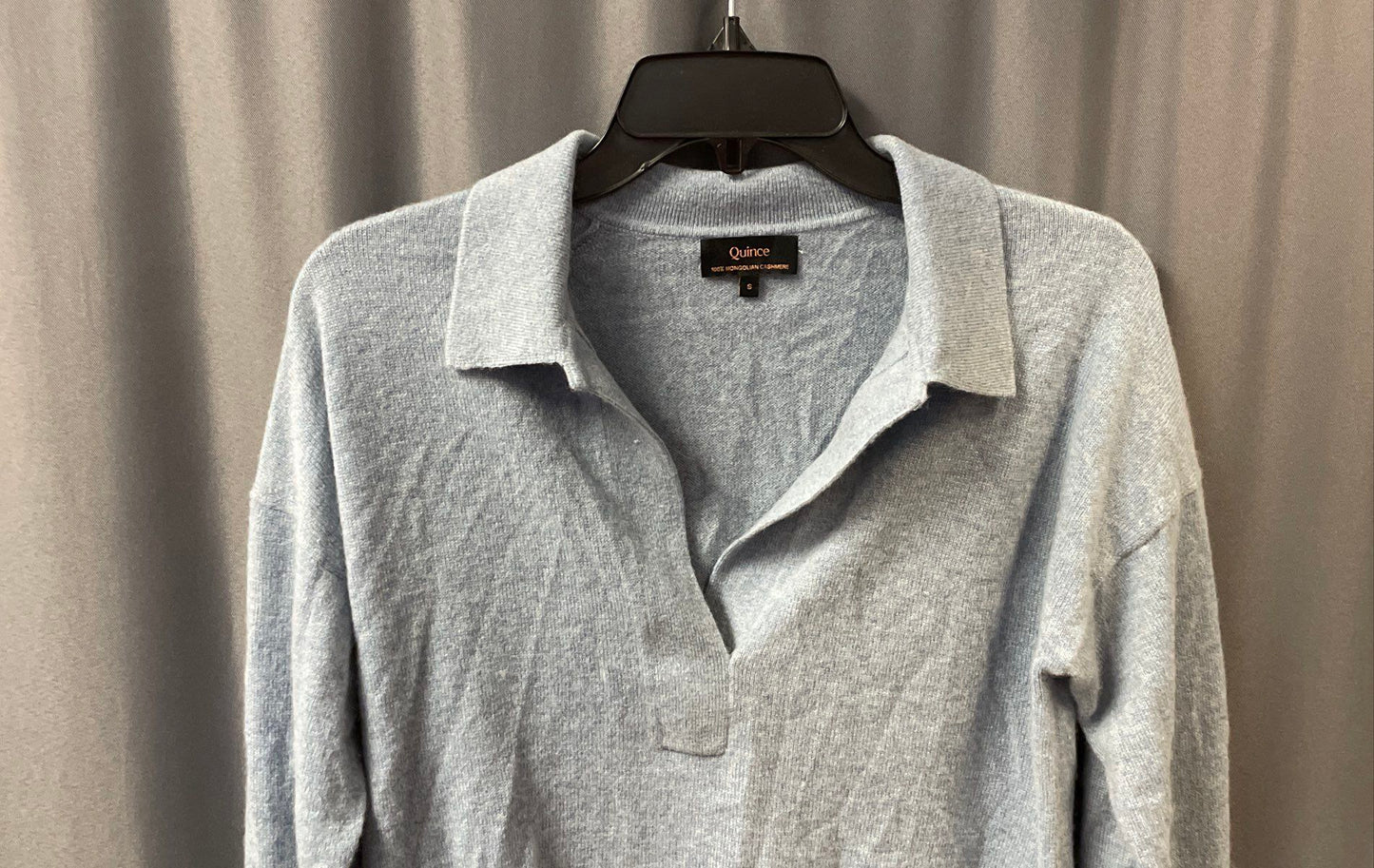 Quince Women's Mongolian Cashmere Polo Sweater Blue V-Neck Long Sleeve Sz S