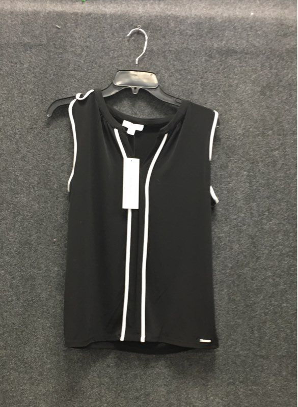 Calvin Klein Women's Black Sleeveless V-Neck Blouse White Piping Size M NWT