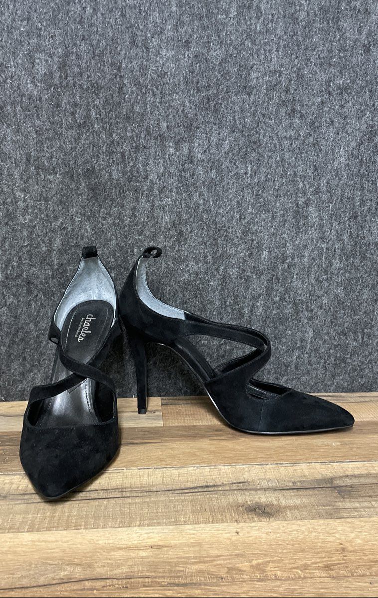 Charles by Charles David Black Suede Asymmetrical Strappy Pointed Toe Heels 10 M