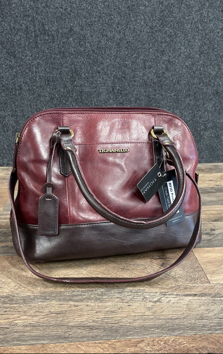 Tignanello Burgundy Brown Two Tone Leather Satchel Bag NWT RFID Crossbody