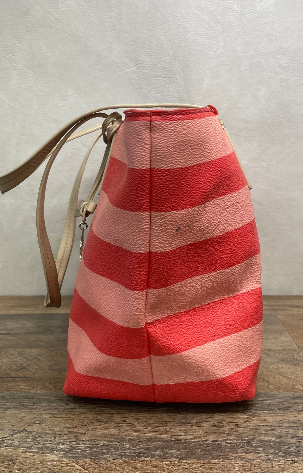 Kate Spade Red Pink Striped Pebbled Leather Tote Handbag Medium Shoulder Bag