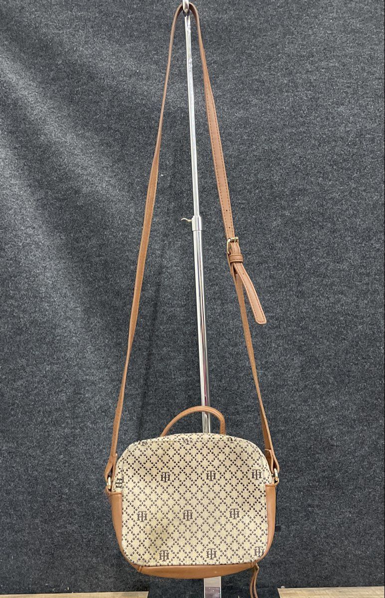 Tommy Hilfiger Tan Brown Monogram Jacquard Camera Crossbody Bag Gold Hardware