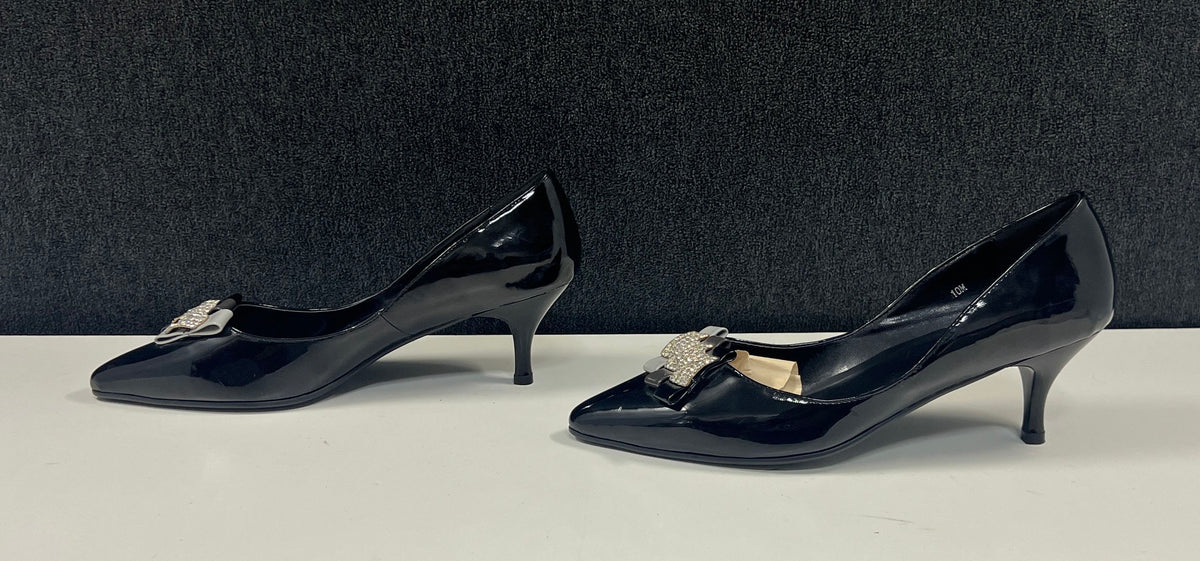Midnight Velvet Black Patent Rhinestone Bow Pointed Toe Kitten Heels Size 10M