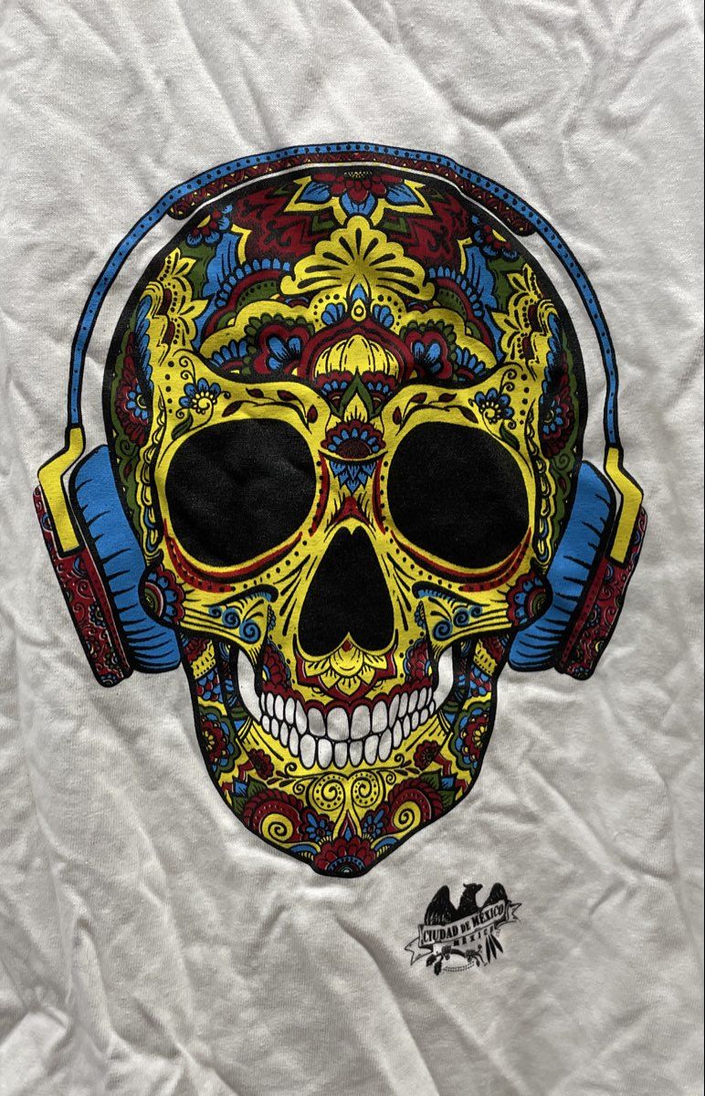 Kalaka Men's White Sugar Skull Headphone Graphic T-shirt Ciudad De Mexico Sz S