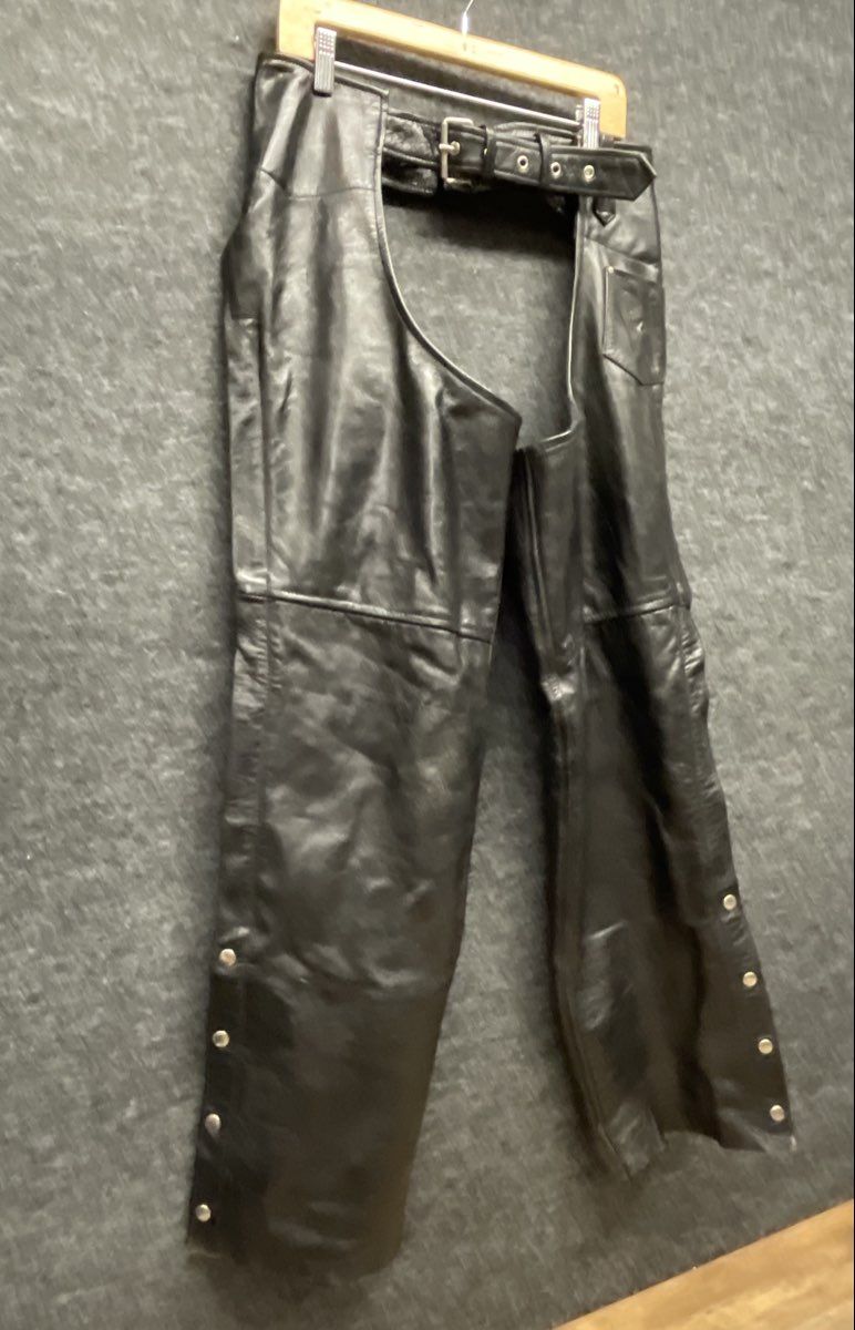 Leather King Men's Black Leather Motorcycle Chaps Belted Zippered Side XL