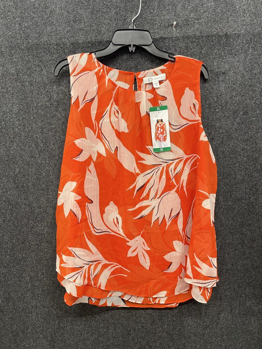 Cristina B Women's Orange White Floral Sleeveless Layered Blouse Top Sz XL NWT