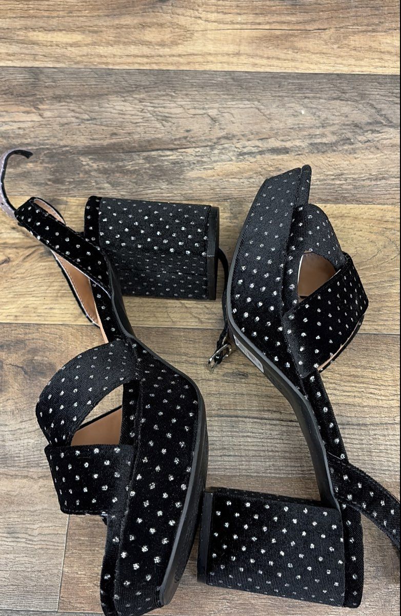 Lane Bryant Black Silver Sparkle Polka Dot Platform Block Heel Sandals Size 10W